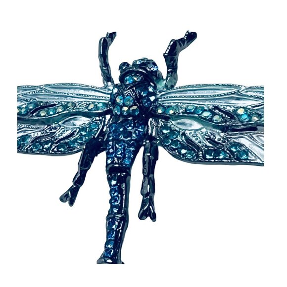 Dragonfly Brooches Pendants Articulated Tail Gunmetal Tone Blue/AB Rhinestones - Picture 2 of 13